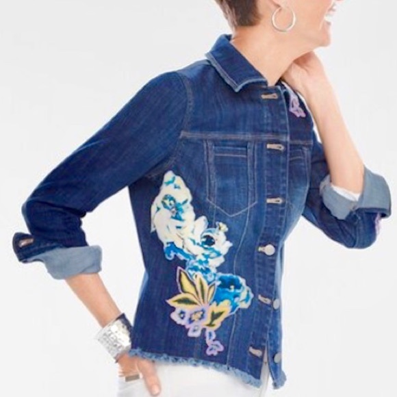 Chico’s Floral Appliqué Denim Jacket in Petite - Picture 3 of 3